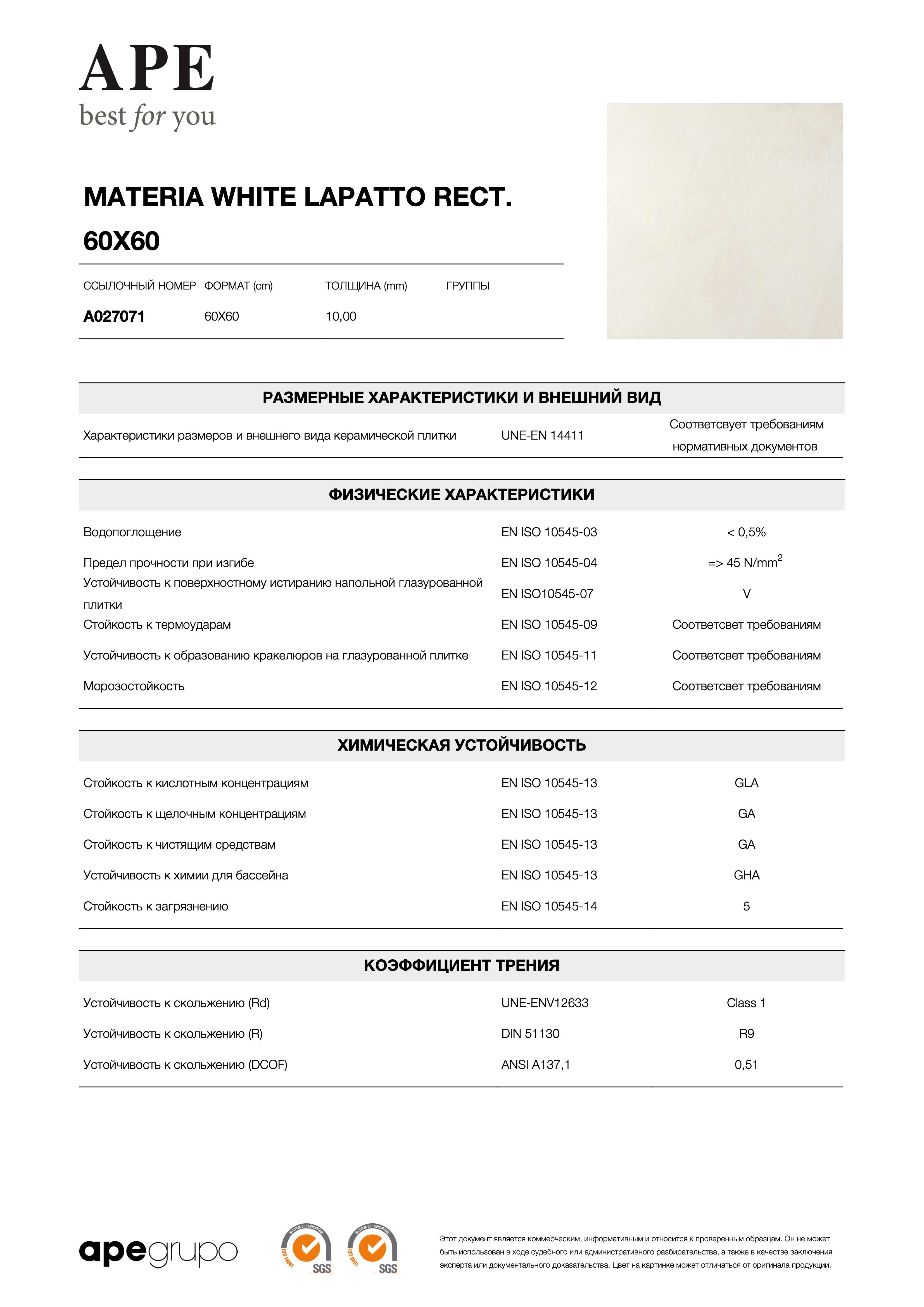 APE Materia White Lapatto Rect. 60x60 A027071