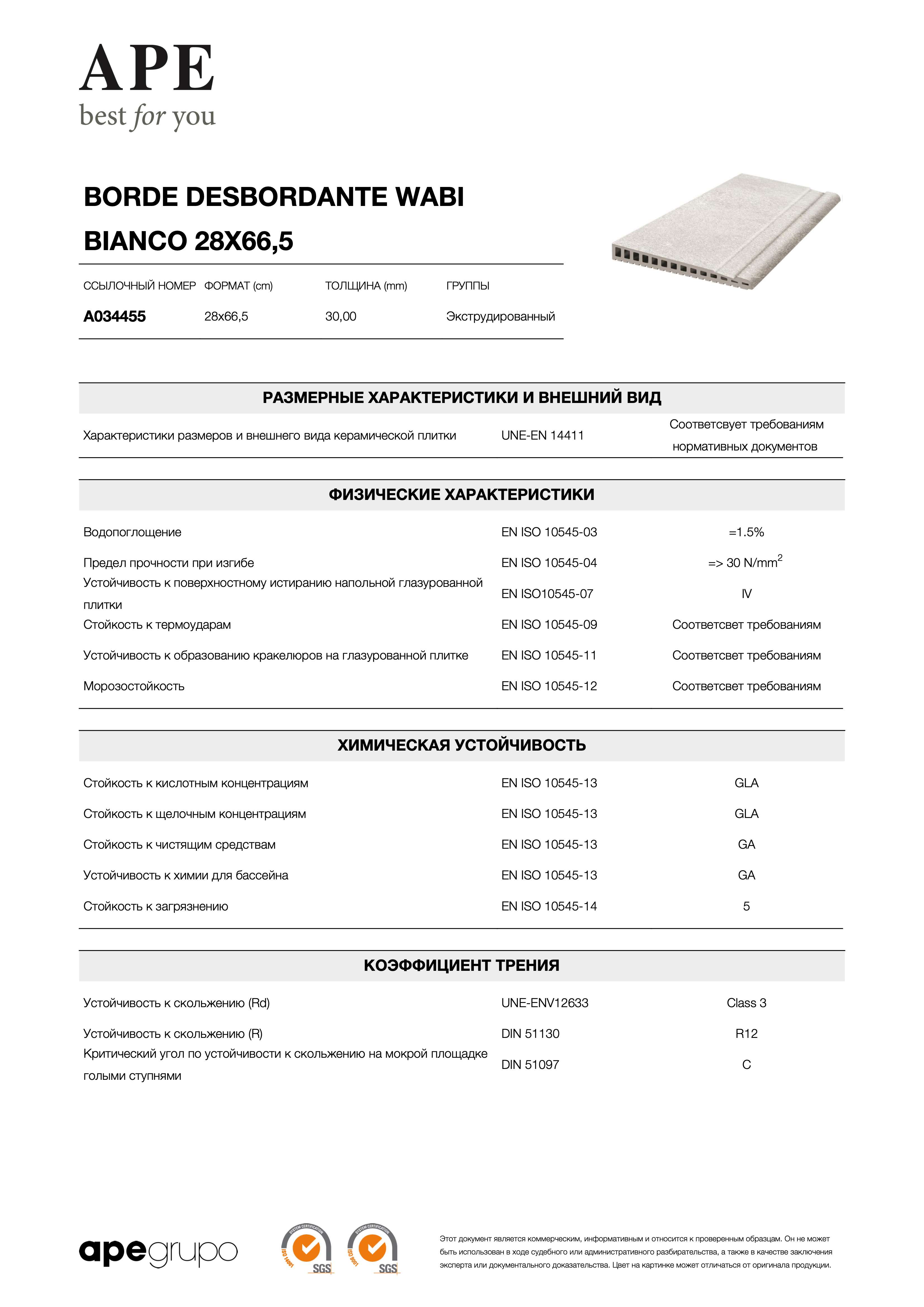 APE Borde Desbordante Wabi Bianco 28x66,5 A034455