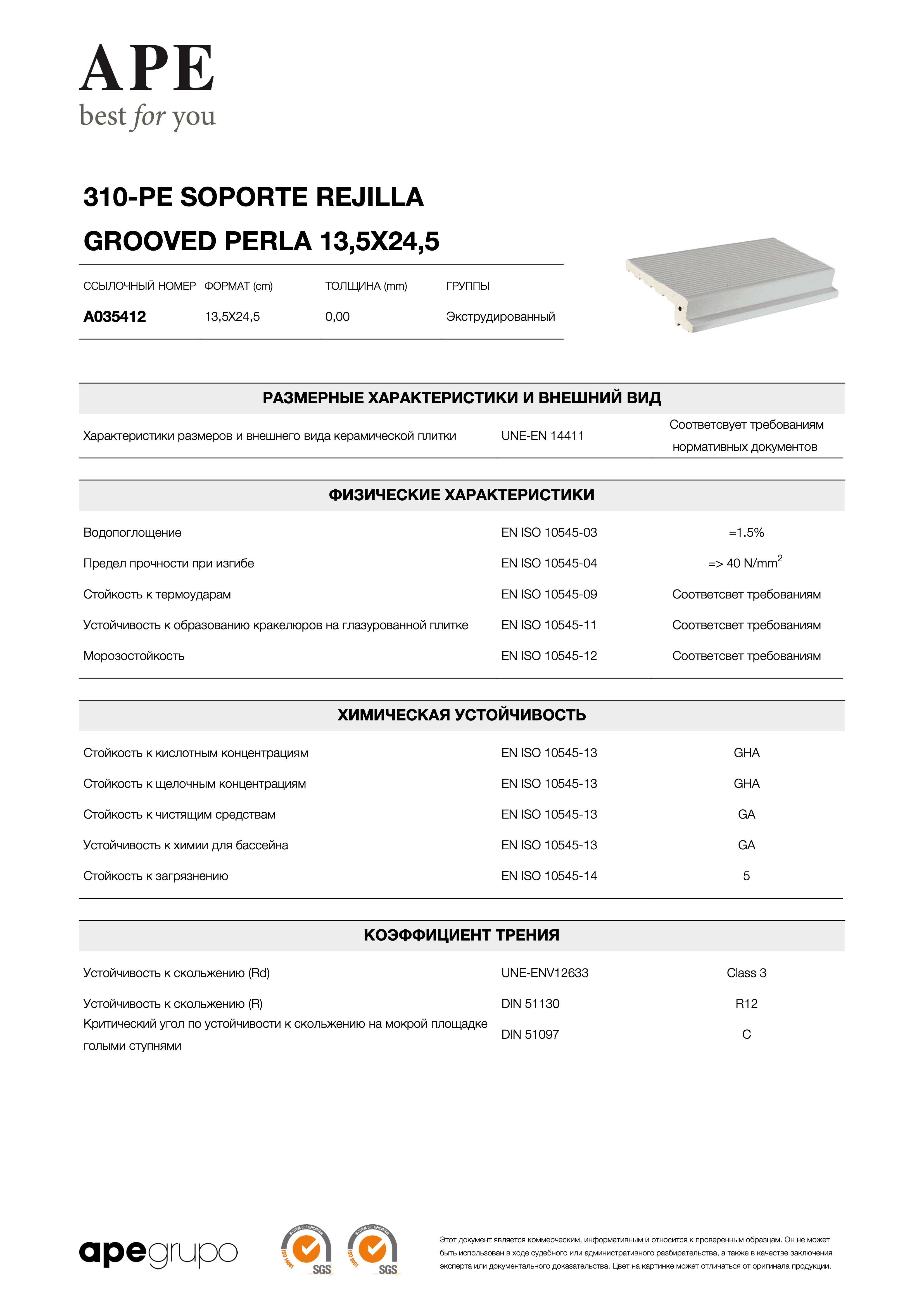 APE 310-pe Soporte Rejilla Grooved Perla 13,5x24,5 A035412