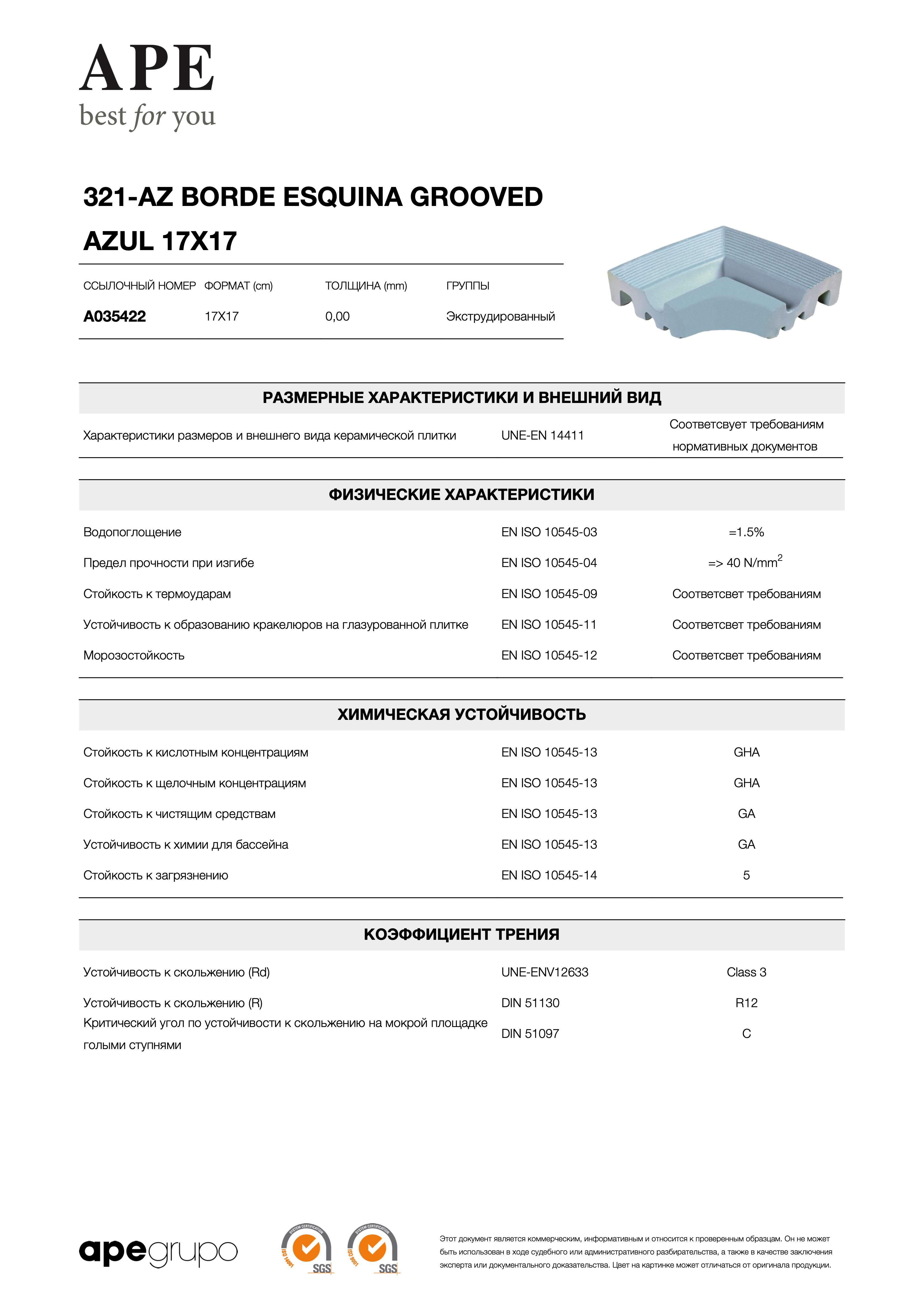 APE 321-az Borde Esquina Grooved Azul 17x17 A035422