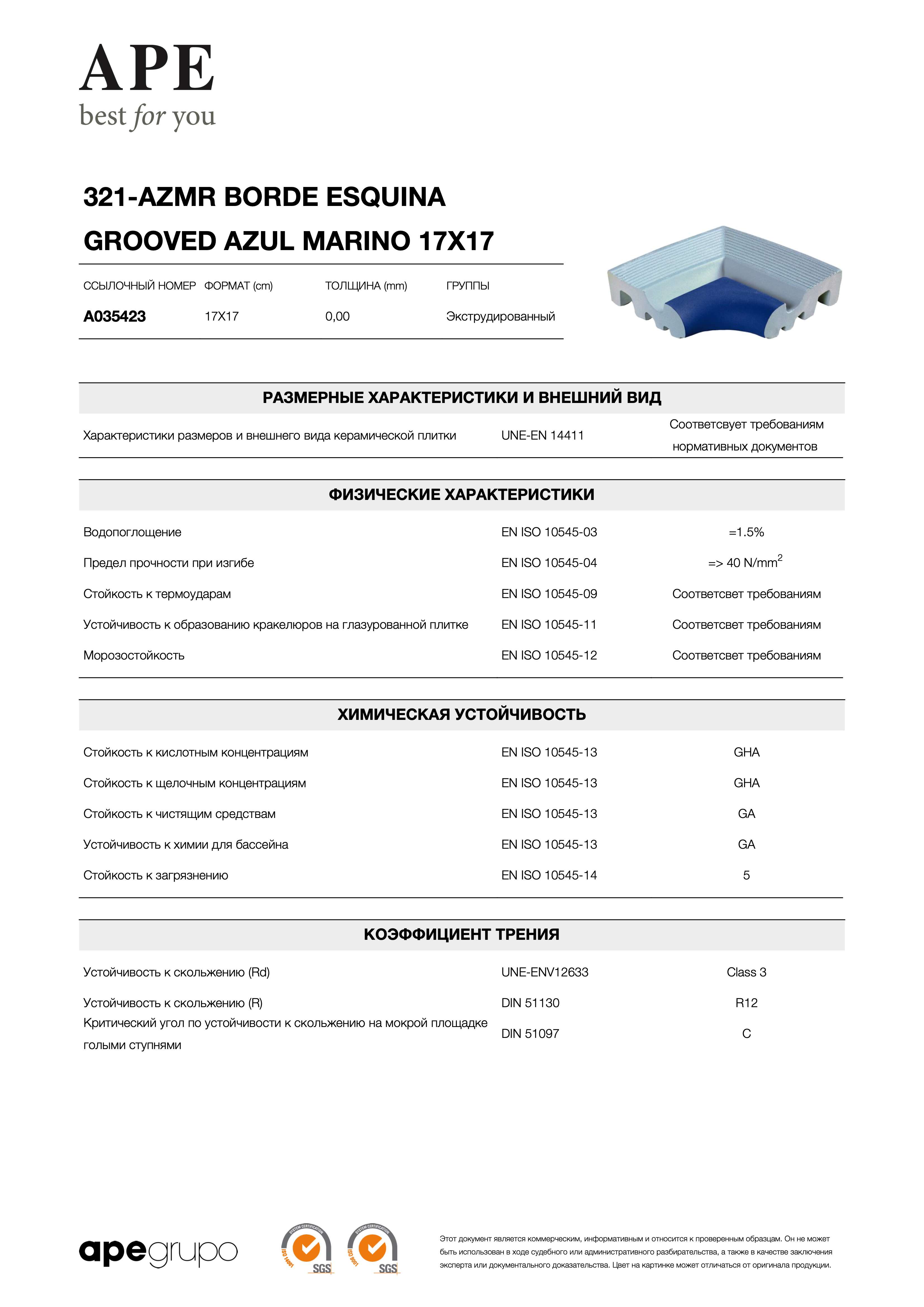 APE 321-azmr Borde Esquina Grooved Azul Marino 17x17 A035423