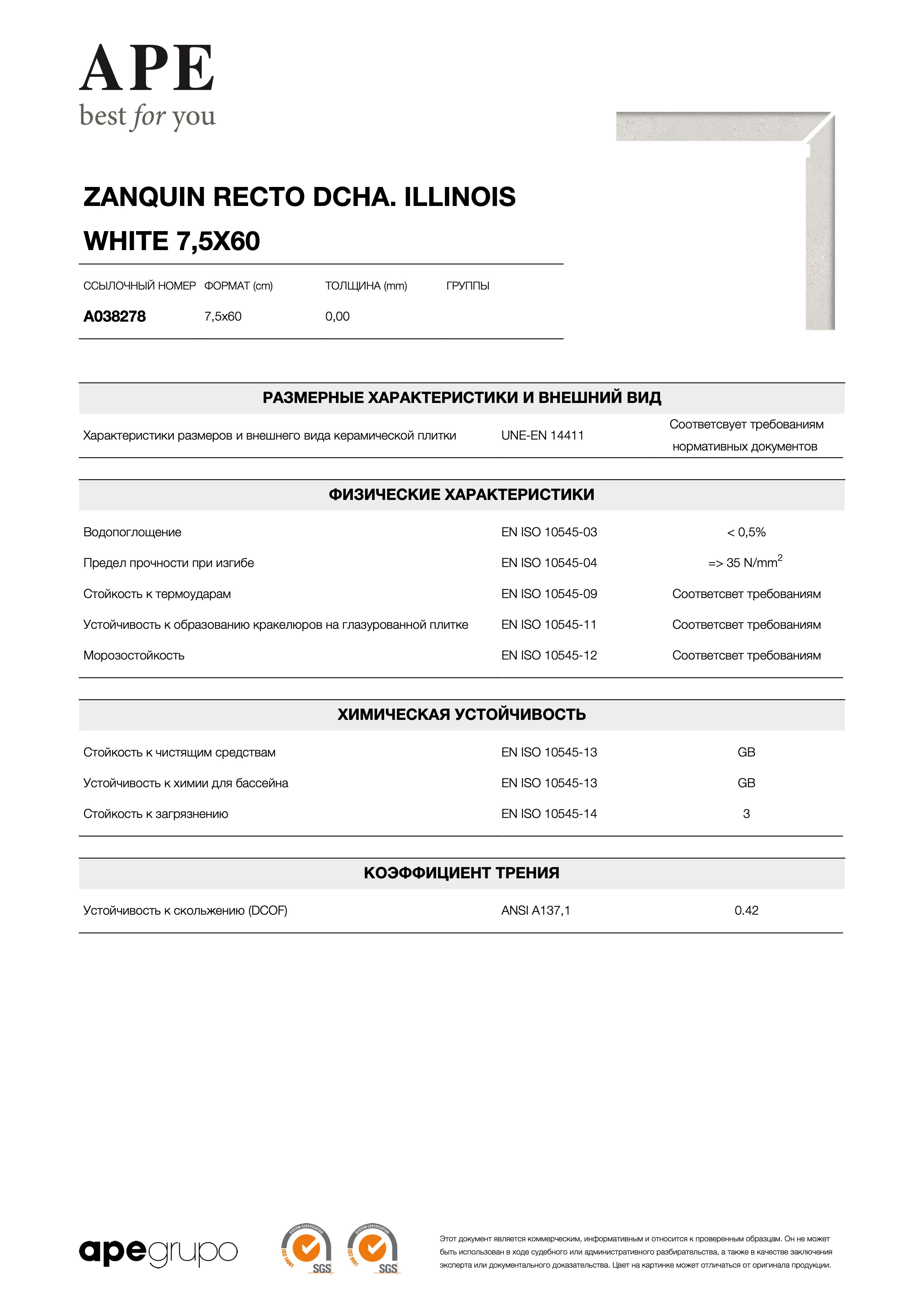 APE Zanquin Recto Dcha. Illinois White 7,5x60 A038278