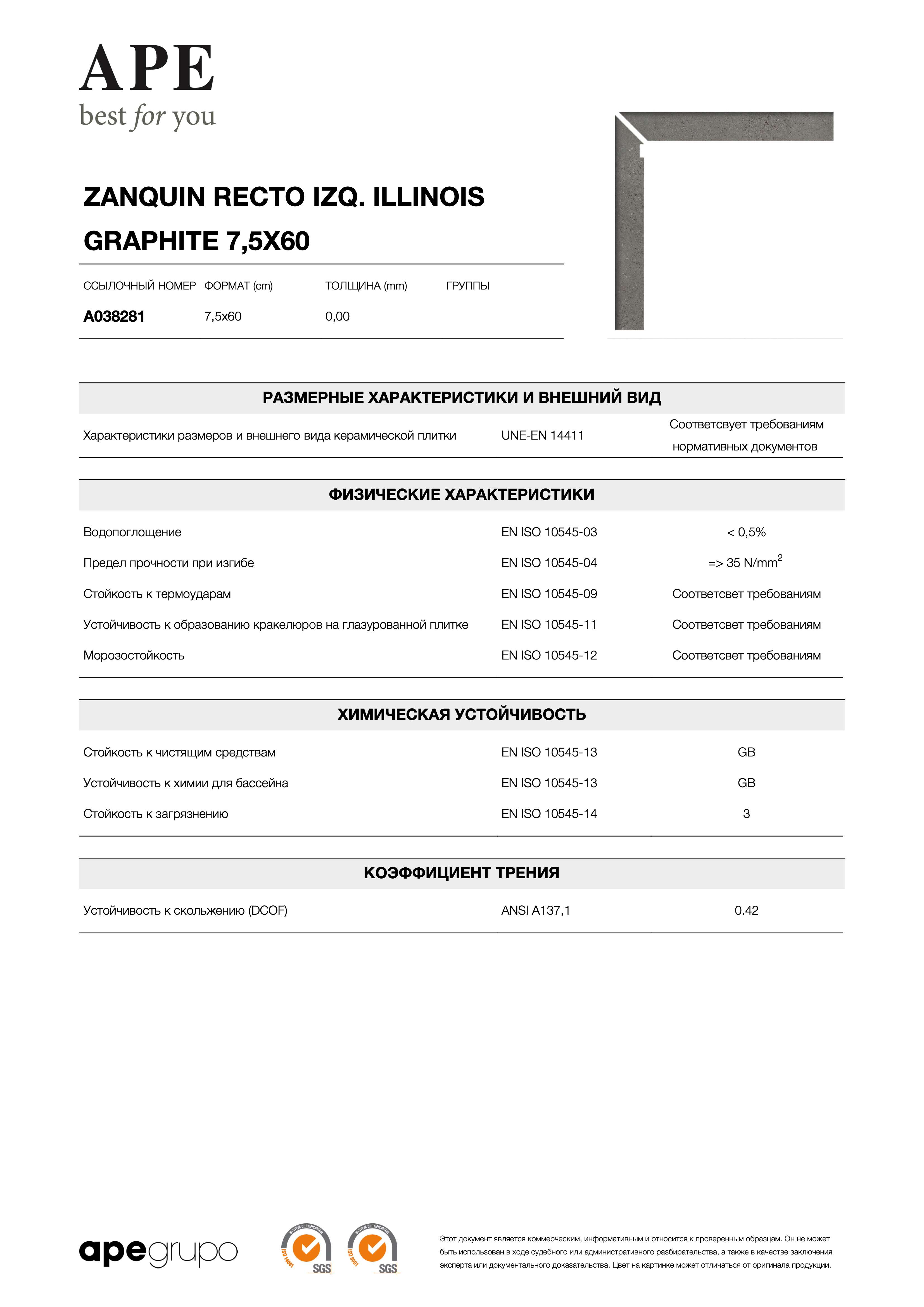 APE Zanquin Recto Izq. Illinois Graphite 7,5x60 A038281