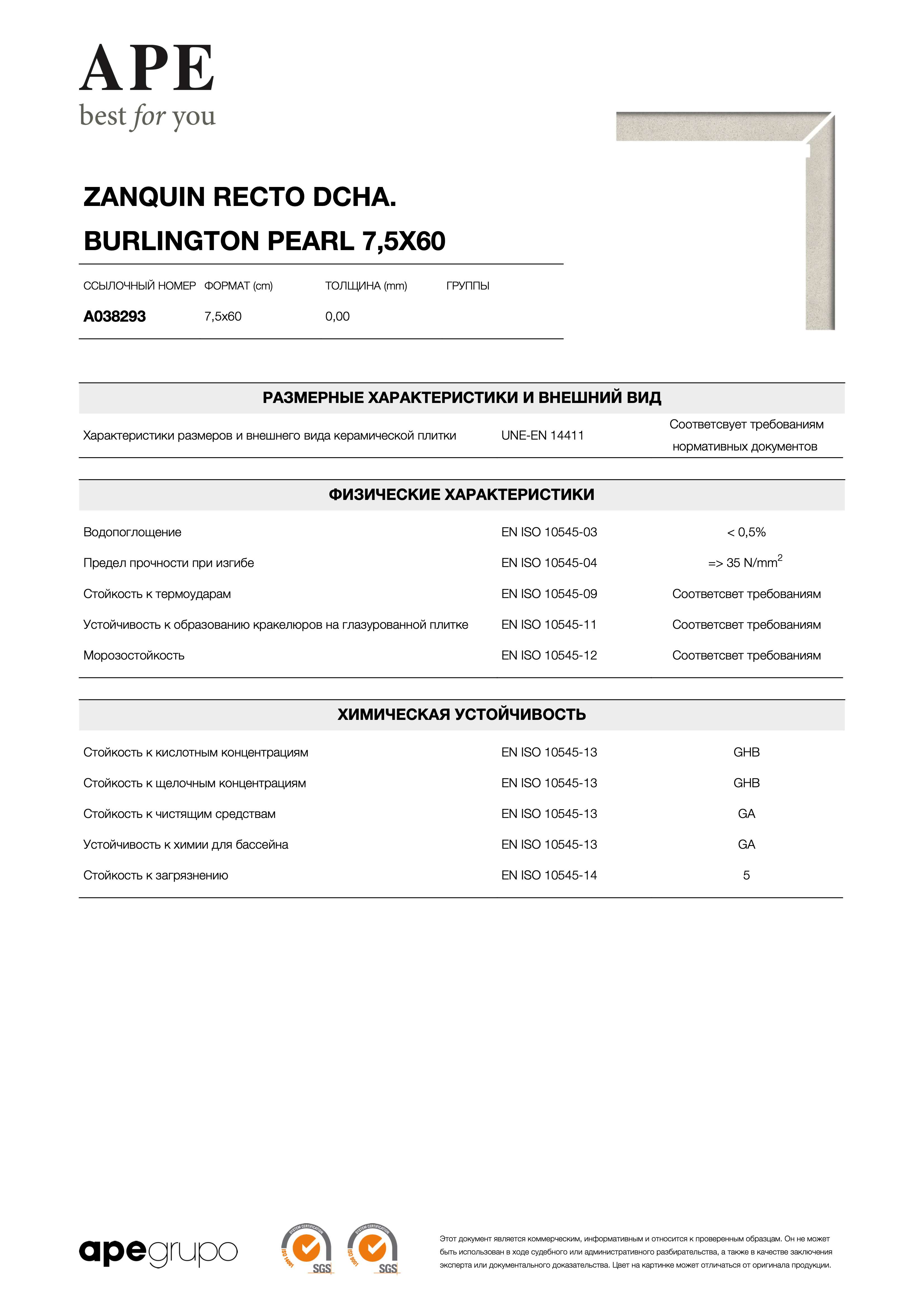 APE Zanquin Recto Dcha. Burlington Pearl 7,5x60 A038293