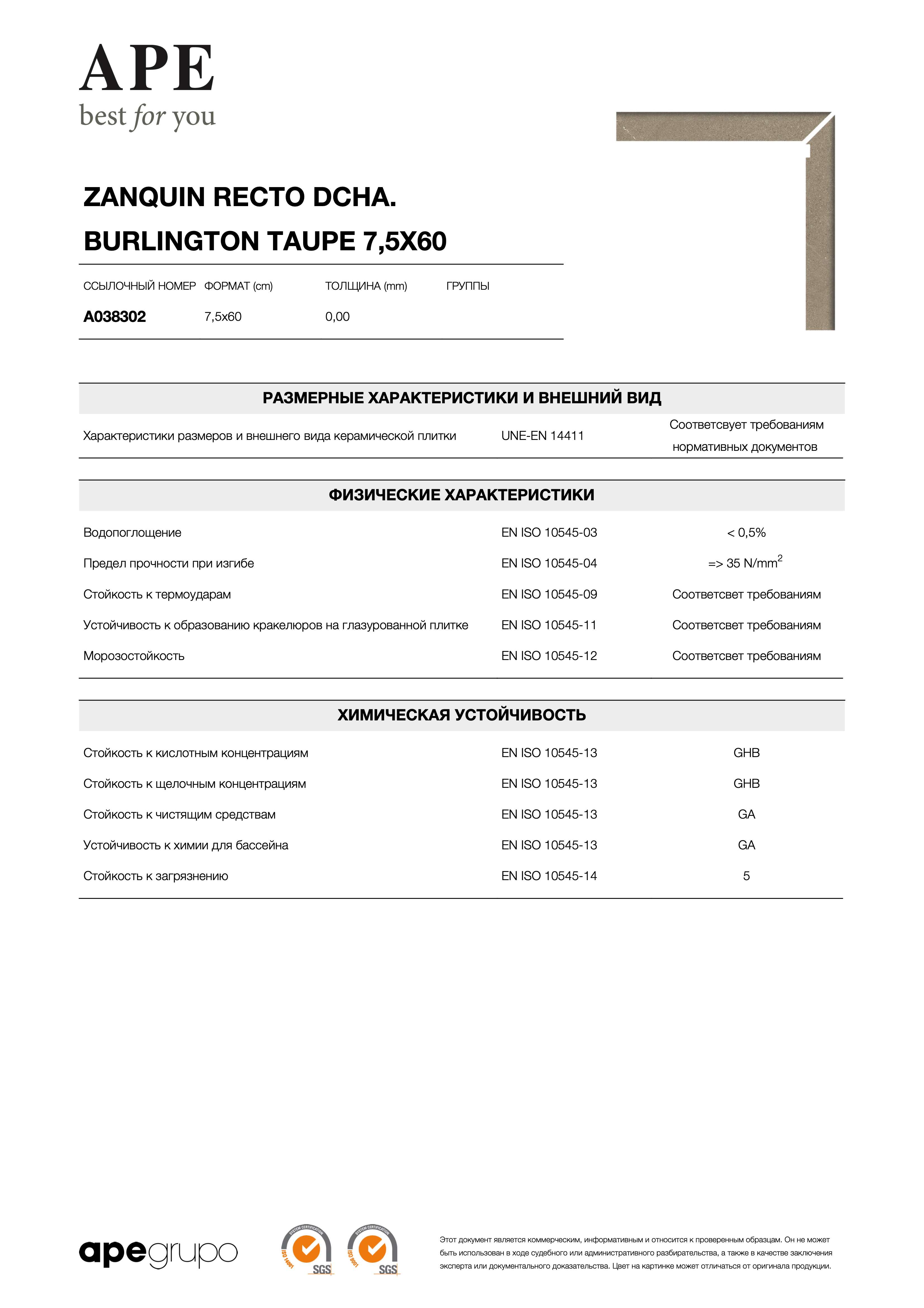 APE Zanquin Recto Dcha. Burlington Taupe 7,5x60 A038302
